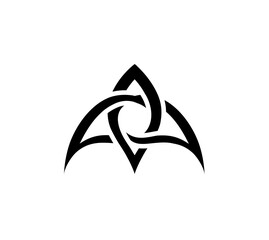 Abstract tribal design, black ink, intertwined shapes, Celtic knot-like pattern, symmetrical, graphic art.