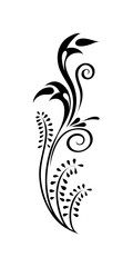 An elegant black floral design with swirls and leaves on a white background. © Bushcraft