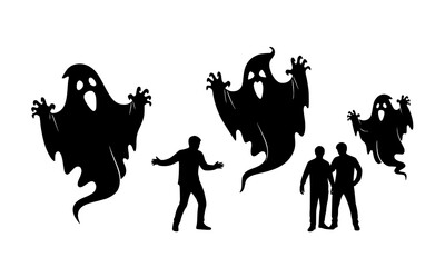 Silhouettes of people fleeing from ghosts on a white background