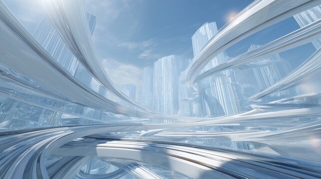 Abstract futuristic city landscape featuring dynamic flowing elevated structures and translucent skyscraper towers, concept for cutting-edge technology, innovative architectural designs