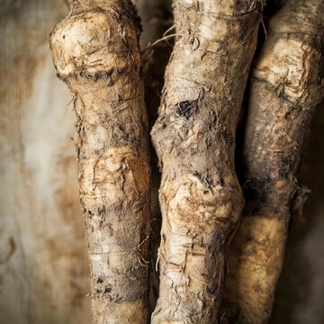closeup of wild burdock root with earthy brown texture, macro wild root photography, rustic natural setting