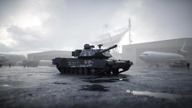 Military american base. American battle tank 4k animation.