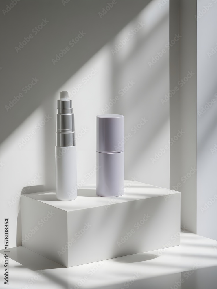 Poster two cosmetic bottles on a white block with shadow patterns creating a minimalist aesthetic scene