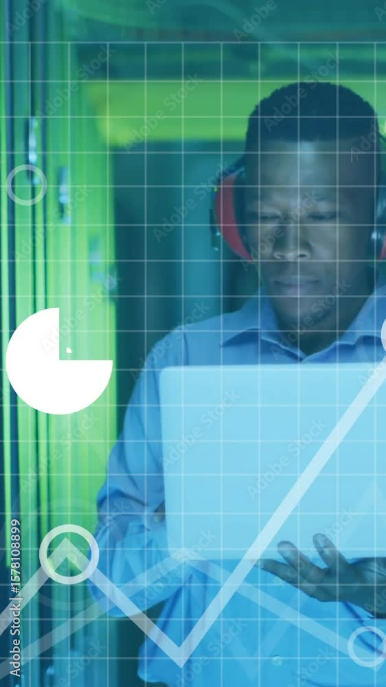 Aufkleber animation of diagrams and data processing over male worker in server room