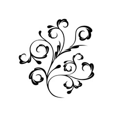 Ornate black and white floral design, intricate swirls and leaves, elegant decorative element.