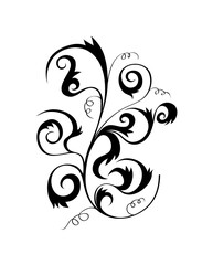Elegant black and white floral design, stylized plant with swirling leaves and vines.