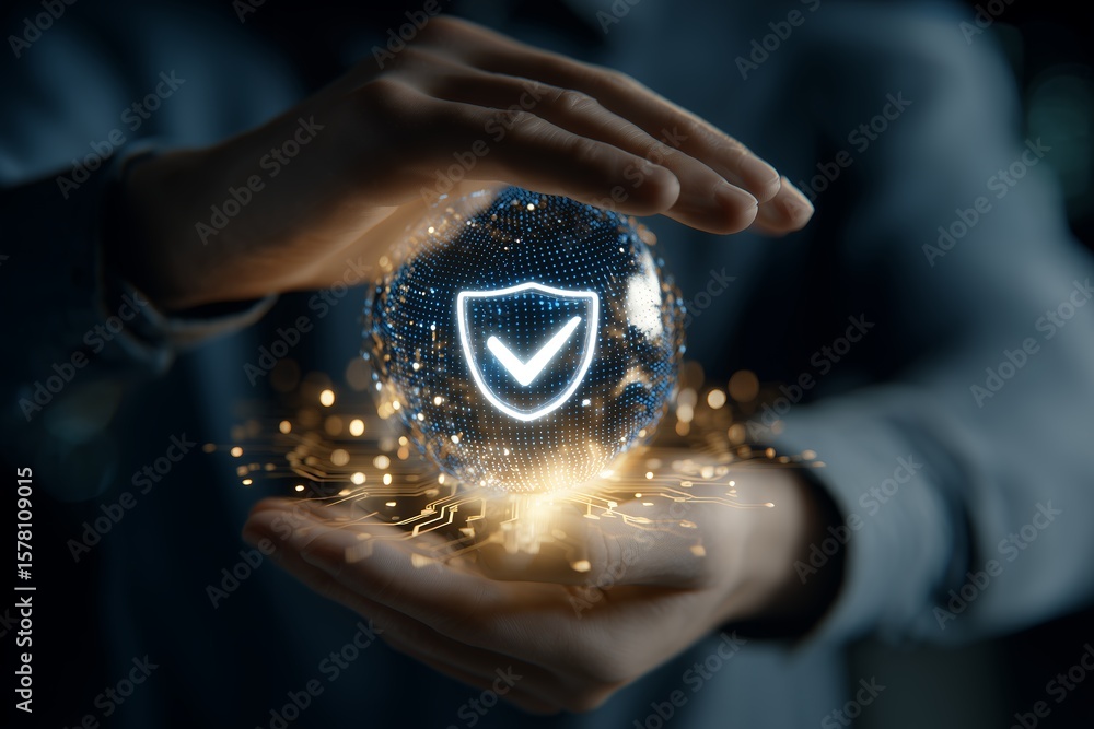 Poster person protecting a glowing digital globe with shield and checkmark icon, surrounded by tech element