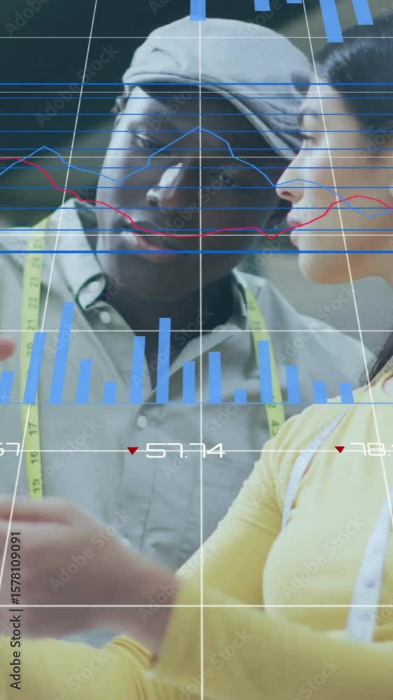 Poster animation of data processing and diagrams over diverse colleagues using tablet in office
