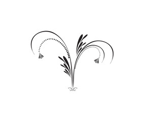 Elegant black and white floral design, a symmetrical decorative element with curved lines and delicate details.