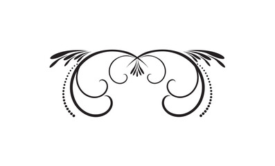 Elegant black swirl design element with flourishes and symmetrical curves on a white background.