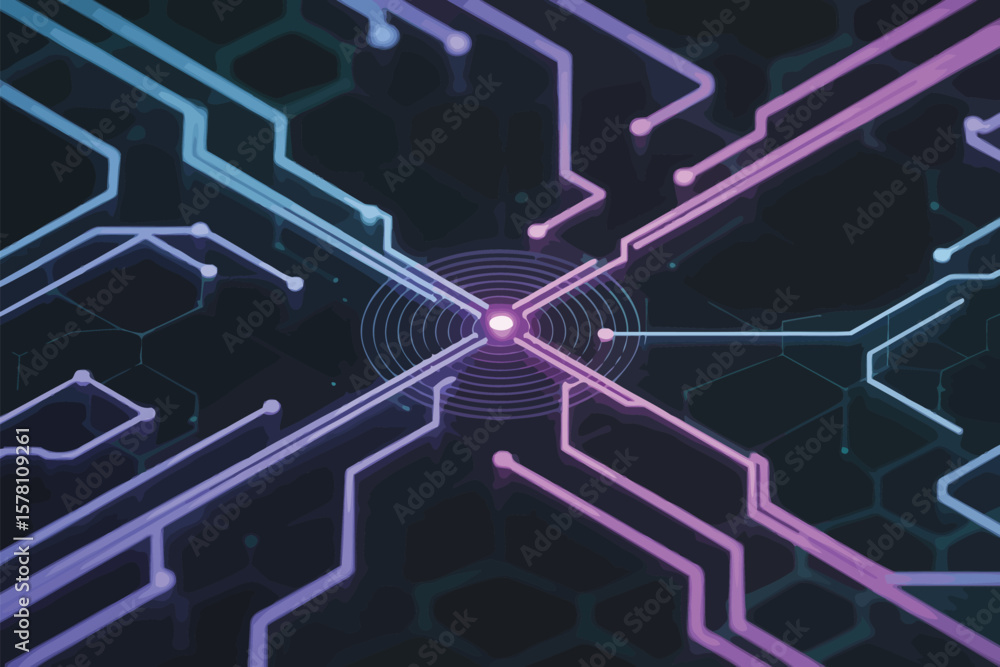 Fototapete futuristic technology background showing illuminated circuit board and connecting data lines for com