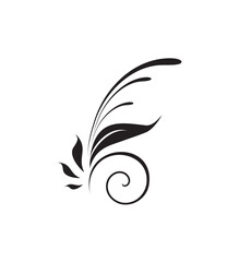Elegant black floral design with swirling elements and delicate leaves, isolated.