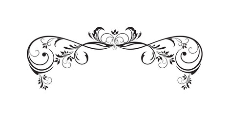 An elegant, symmetrical, black and white floral scroll design on a plain background.