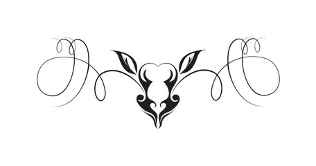 Elegant black and white decorative flourish featuring leaves and swirling lines.
