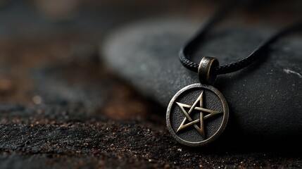 Pagan pentacle pendant blackened bronze ancient Wiccan jewelry macro photo with mystical foggy background occult and spiritual realism product detail focus