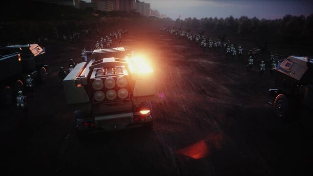 American High Mobility Artillery Rocket System in a ruined city.