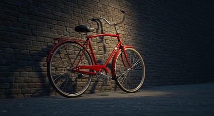 Obraz premium Classic Red Bicycle Leaning Against Brick Wall, Dramatic Lighting