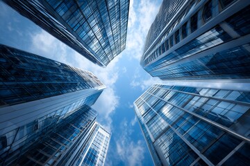 Detailed low angle perspective view of multiple modern blue glass skyscraper buildings against a bright cloudy sky, concept for urban prosperity, global business expansion, and modern financial