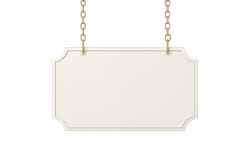 Empty white sign with golden chains hanging on a transparent background, perfect for adding your own text or design