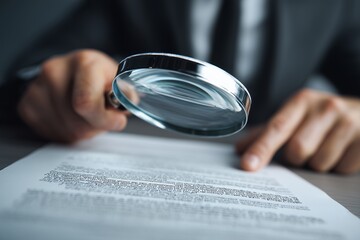 Close up of business hands with magnifying glass examining document text on desk, concept for legal analysis, research, and financial audit