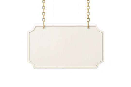 Empty white sign with golden chains hanging on a transparent background, perfect for adding your own text or design