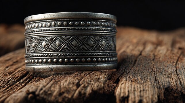 Pakistani Pathani silver cuff bracelet tribal motifs and embossed designs macro photo on rustic wood ethnic heritage jewelry