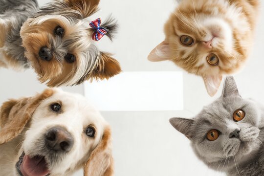 Cute adorable pets two dogs and two cats looking down at the camera with curious eyes, concept for pet related advertising campaigns promoting pet products veterinary services and animal rescue