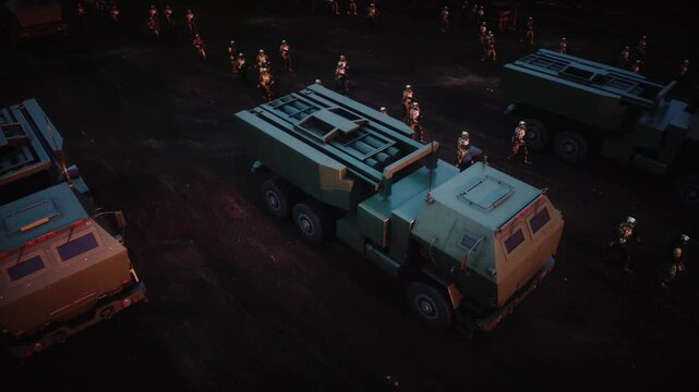 American High Mobility Artillery Rocket System in a ruined city.