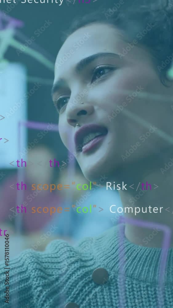 Poster animation of financial data processing over diverse colleagues discussing work in office