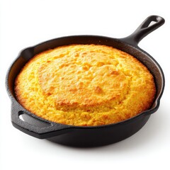 Golden Cornbread Baked in Cast Iron Skillet, Southern Comfort Food on White Background, Homemade Traditional Recipe, Rustic Style