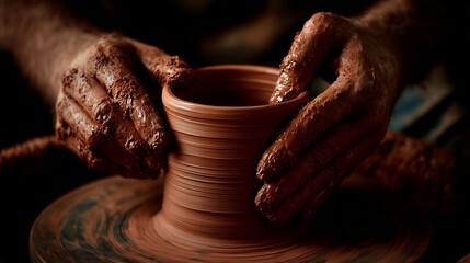 Skilled hands shaping wet clay on a spinning pottery wheel under dramatic studio lighting, concept for handicraft promotion, artistic expression projects and creative workshop advertising