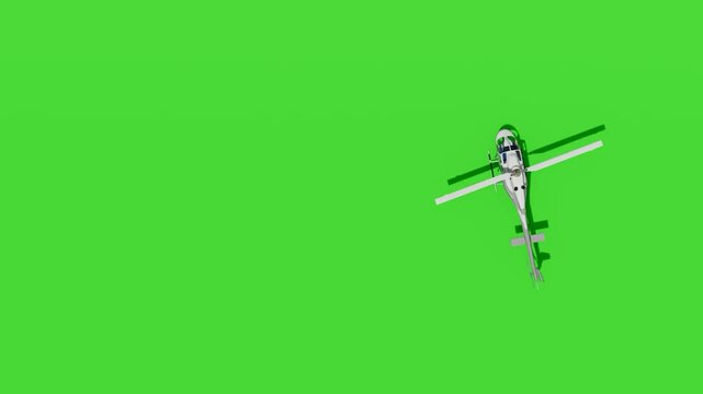 White helicopter flying horizontally on a green screen background.  ideal for easy compositing and can be used as an element in various projects, suitable for film, TV, games, or com