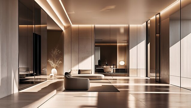 Sunlit interior of a modern minimalist luxury apartment with high ceilings, large pillars, and dramatic shadows, representing an elegant and expensive lifestyle