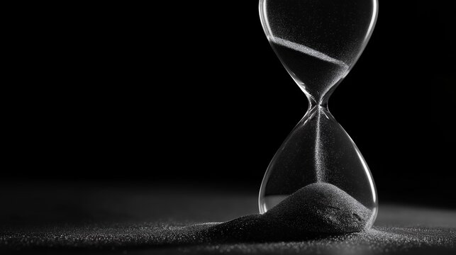 Grayscale close-up shows sand falling inside a classic hourglass on a dark background with light effect, concept for project management, timing illustration and historical symbol