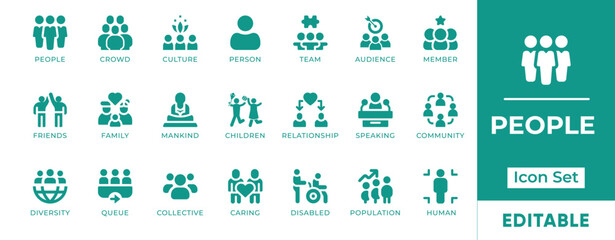 People Icon Set. Features icons of individuals, groups, teamwork, diversity, and professions. Perfect for HR, education, business, and community-based projects.