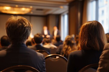 Rear view detail of conference participants attentively watching a speaker presentation in an indoor hall setting, concept for business education materials, professional development websites