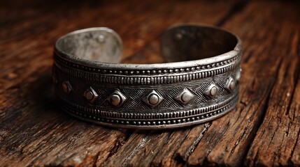 Pakistani Pathani silver cuff bracelet tribal motifs and embossed designs macro photo on rustic wood ethnic heritage jewelry