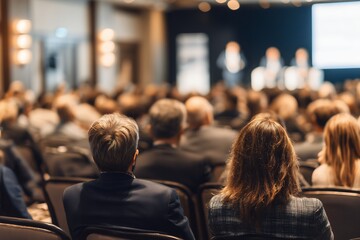 Rear view of large audience watching a presentation with blurred stage figures and lights, concept for event promotion, corporate training materials and educational resources