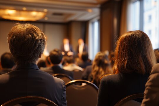 Rear view detail of conference participants attentively watching a speaker presentation in an indoor hall setting, concept for business education materials, professional development websites