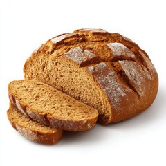 Freshly Baked Round Loaf of Brown Bread with Slices on White Background, Rustic Homemade Bread, Healthy Eating, Food Photography, Bakery