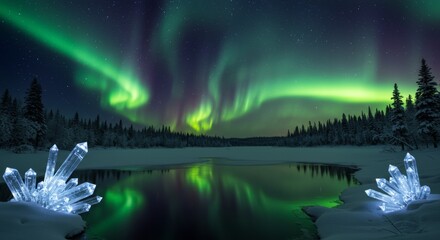Magical Aurora Borealis over Tranquil Winter Landscape with Crystals