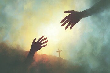 Two silhouetted hands reaching across hazy spiritual sky with sunbeam light and subtle cross in background, concept for illustrating religious guidance, showcasing spiritual support and designing