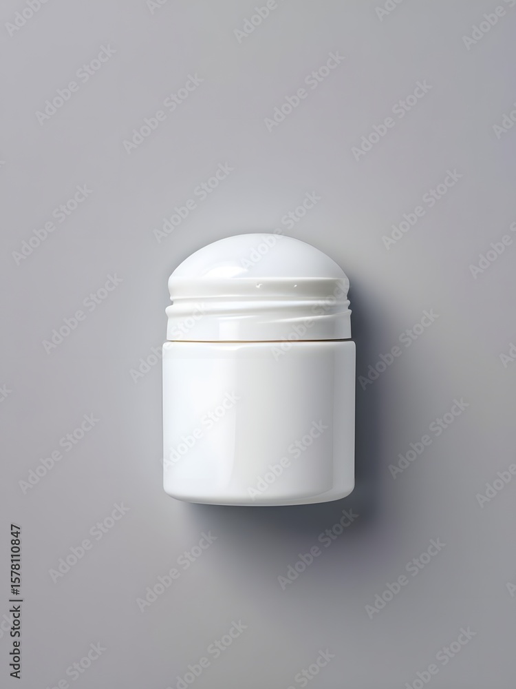 Poster a top view of a small white plastic jar with a rounded lid set against a gray background in a studio