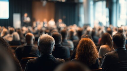 Rear view of diverse audience seated watching screen in large conference hall setting, focusing on heads, concept for business workshops, educational lectures, and corporate events marketing material