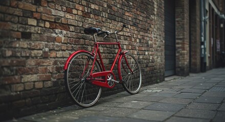 Obraz premium Crimson Bicycle Leaning Against Weathered Brick Wall on Urban Street