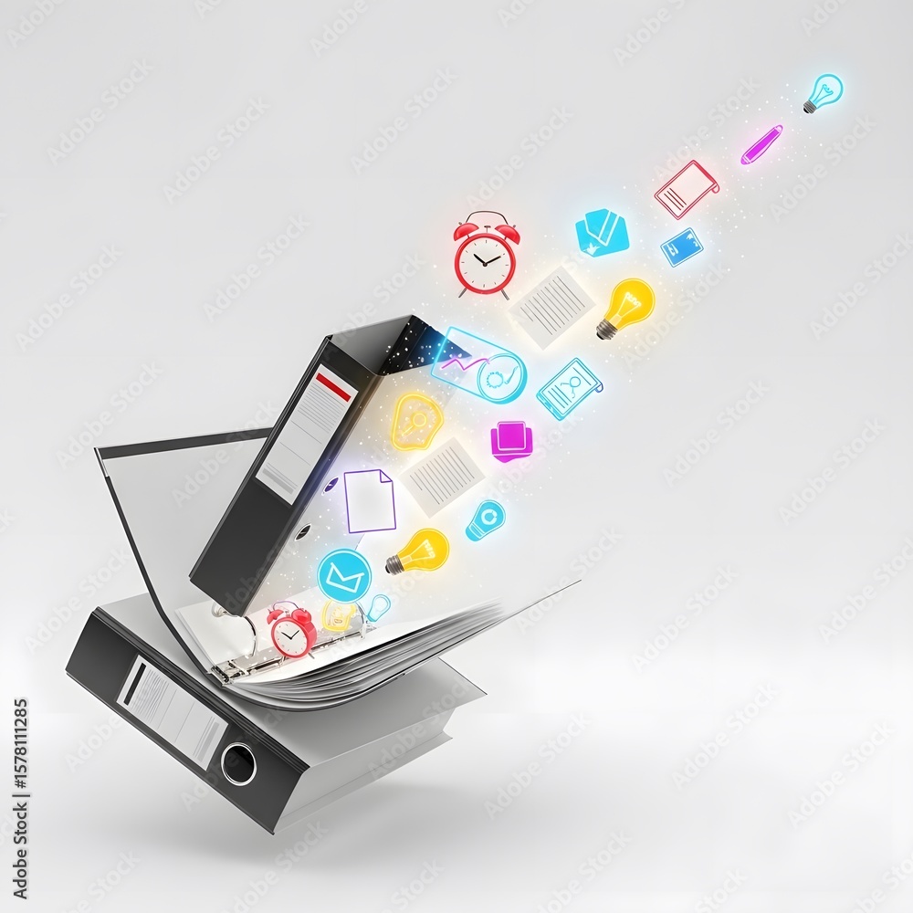 Poster ring binders with emitting icons on white background representing data and ideas