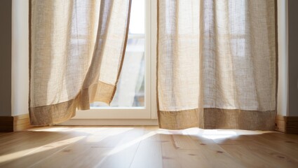 Gentle breeze blows through sheer curtains, creating peaceful ambiance