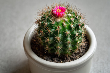 Colorful Cactus Blooming on White Wooden Desk Surrounded by a Clean Desert Background