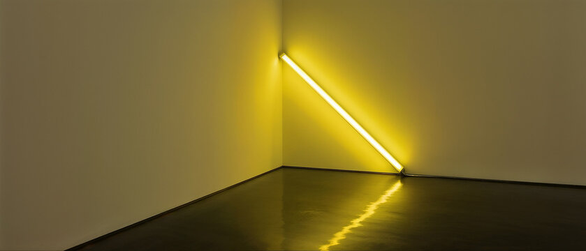 Minimalist yellow fluorescent light tube in room corner artistic display