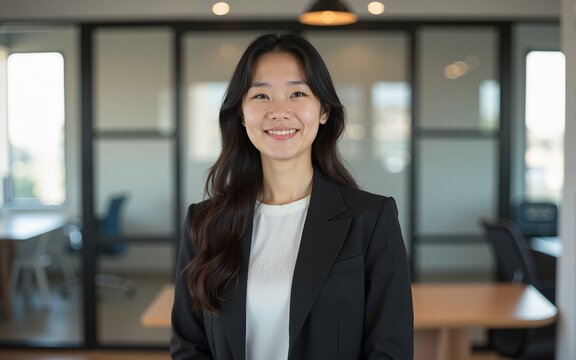 Confident young Asian designer standing in a modern office. High quality